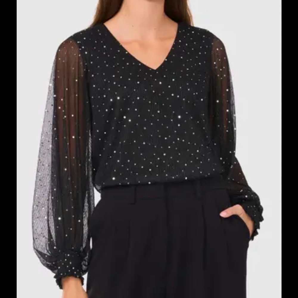 Halogen black silver glitter V-neck long balloon sleeve women's top Blouse
